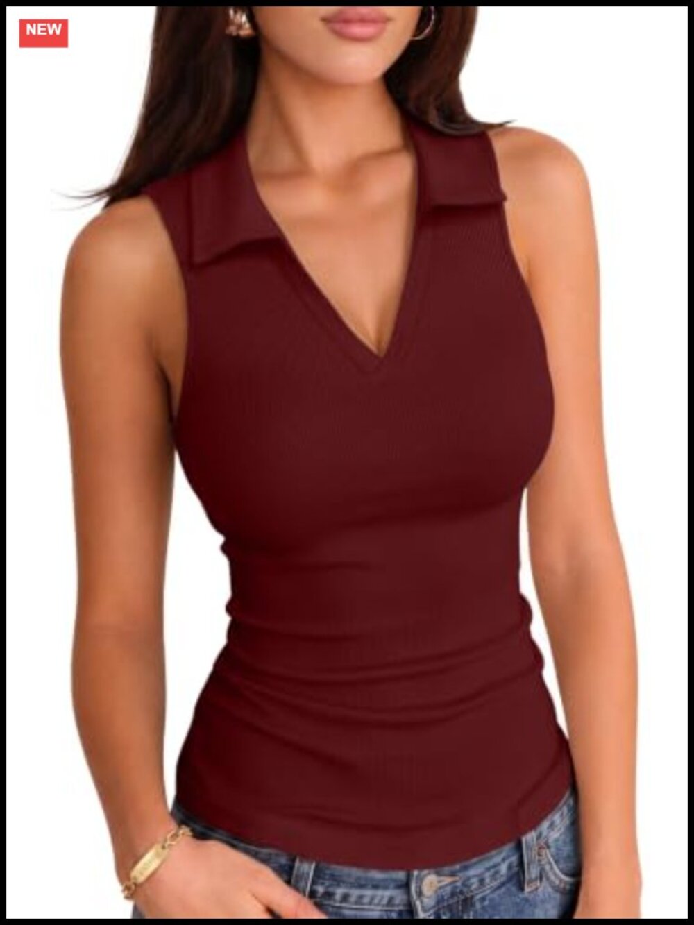 Ribbed Knit Fitted Polo Tank Top Sleeveless Summer Collared V-Neck